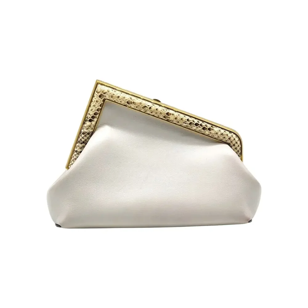 Fendi First Small White Leather Clutch Bag with Python Trim Gold Hardware - Picture 3 of 15